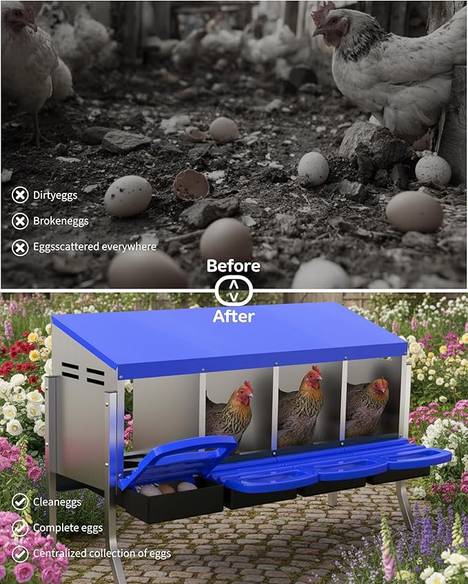 Metal Chicken Nesting Box with Easy-Collect Tray & Lid – 3/4/2x2 Compartment Heavy Duty Roll Away Nesting Boxes for Chickens, Wall Mount or Freestanding, Galvanized Steel Hen Laying Box for Coop