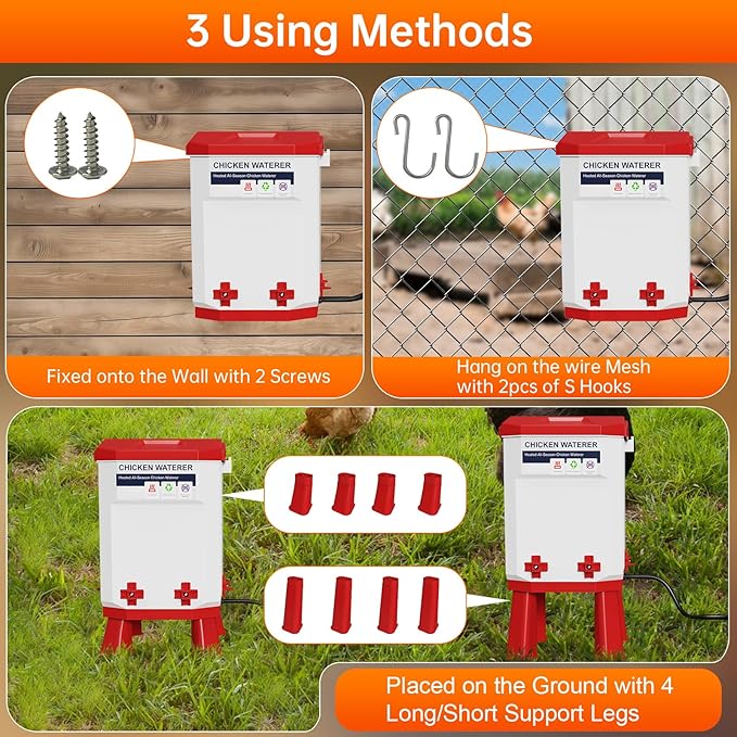Heated Chicken Waterer, 2 Gallon Thermostatic Poultry Drinker with 4 Nipples, Outdoor Winter Water Heater with Leg Base for Chickens, Ducks, Geese, Turkeys, Anti-Freeze Automatic Watering System