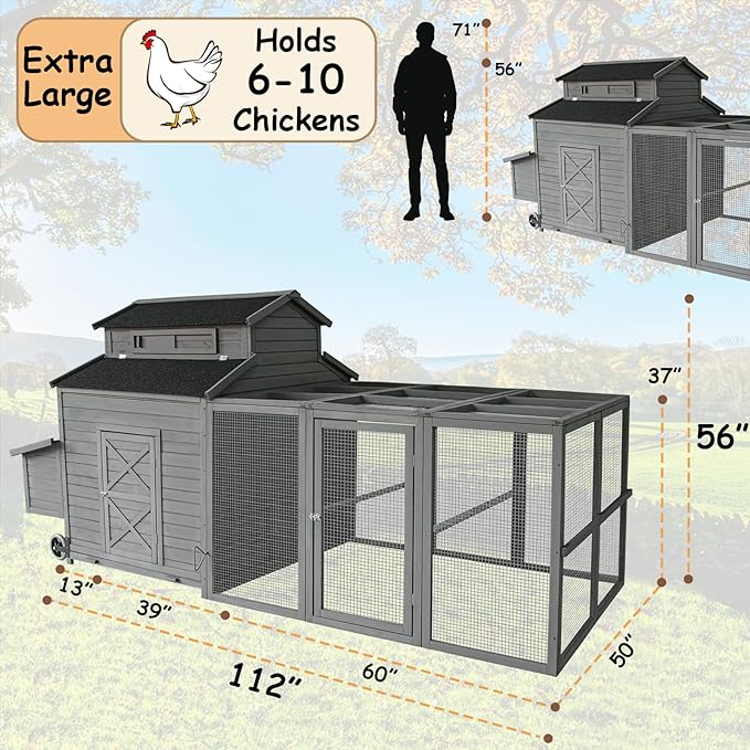 Chicken Coop for 6-10 Chickens, 112" Extal Large Chicken Coops, with Chicken Run & Nesting Box & Secure Enclosure, Outdoor Wooden Hen House Hutch for Rabbit, Poultry Pet, Duck -Grey