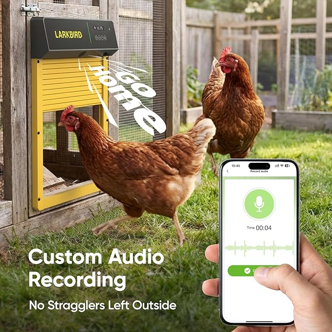 Larkbird Upgraded Automatic Chicken Coop Door Solar Powered, Auto Chicken Door with App Control, Custom Audio Recording, Timer & Light Sensor, Anti-Pinch Design