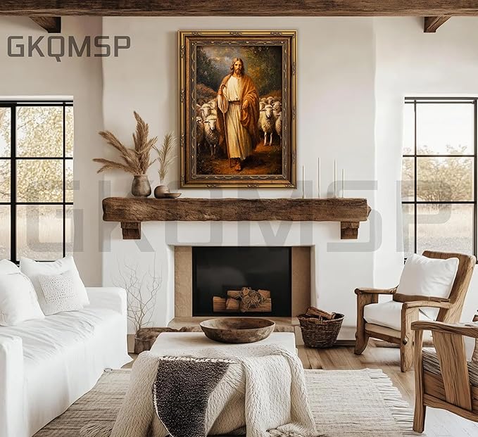 Vintage Gold Framed Wall Art Jesus and Lamb canvas wall decor Christian Jesus Sheep Oil Painting Prints Religious Shepherd Picture Poster Artwork for Home Living Room Bedroom Prayer Room 12x16in