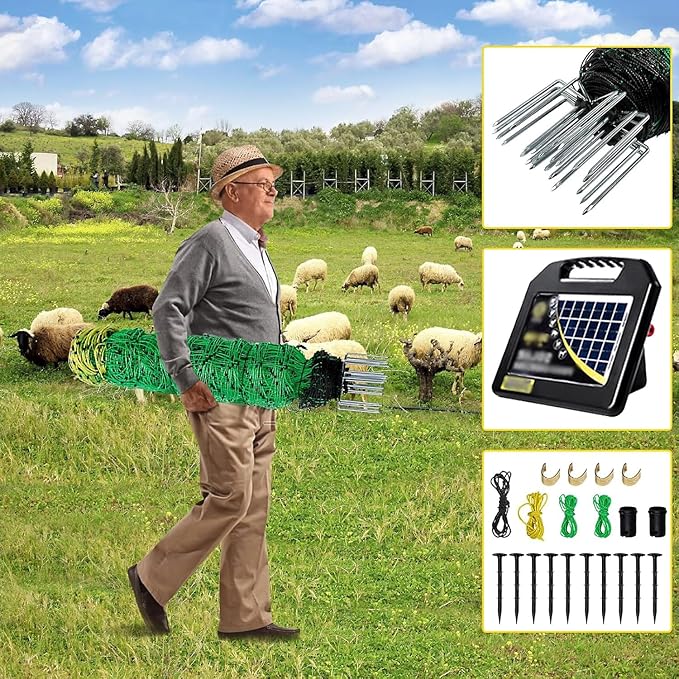 Electric Poultry Netting, Solar Powered Electric Fence, Portable Movable Livestock Nets Mesh, Chicken Wire Fencing for Goats, Sheep, Hogs, 35.4" H*164' L, for Farms, Ranches