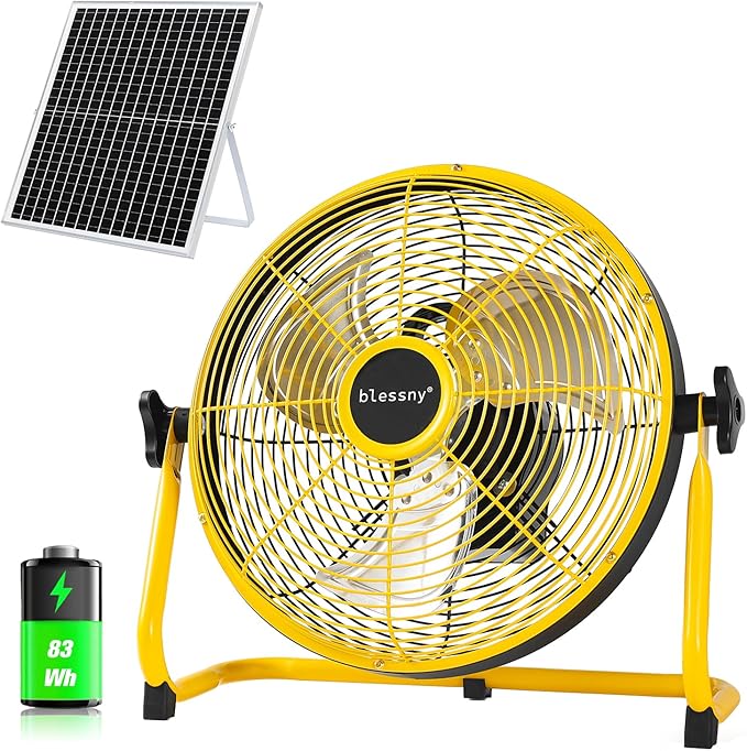 12" Solar Rechargeable Floor Fan for Home Outdoor Camping Gazebo Greenhouse Barn Poultry Pet House Cooling or Air Circulation