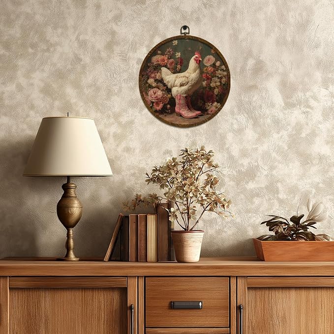 KLYTINK Whimsical Chicken Round Wall Art,Retro Floral Canvas Hanging Decor with Pink Cowboy Boots, Funny Farmhouse Animal Print for Kitchen, Entryway or Gift 10x10in (BY0636)