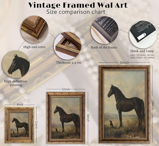 Vintage Gold Framed Horse Wall Art Horse and Dog Canvas Wall Decor Retro Rustic Farmhouse Animal Picture Rustic Horses Poster Artwork for Home Living Bedroom Farmhouse Hallway 9x11in