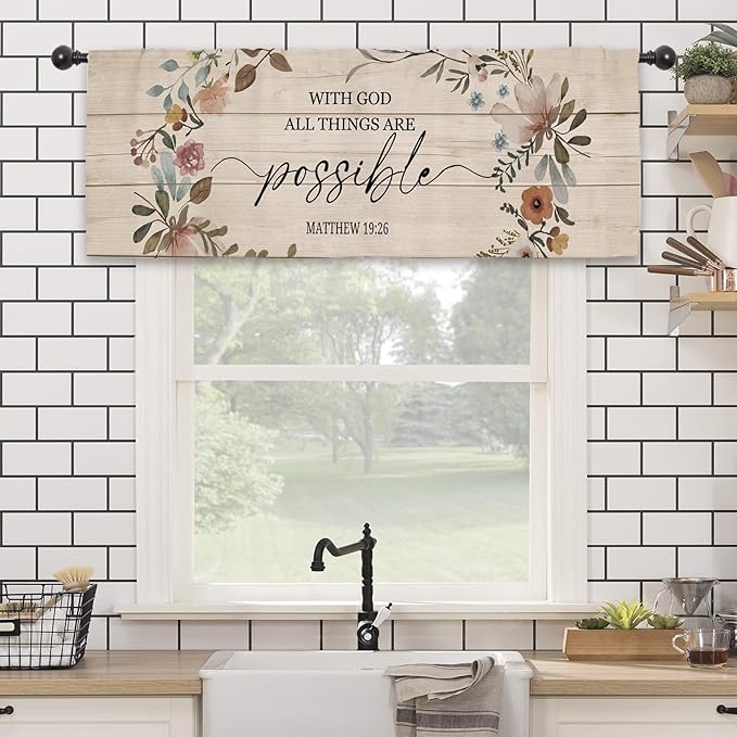 Bible Scripture Quotes Kitchen Curtain Valance 54W x 18L Inch Farmhouse Rustic Flower Country Motivational Religeous Rod Pocket Short Cafe Small Window Treatment Drapes Decor