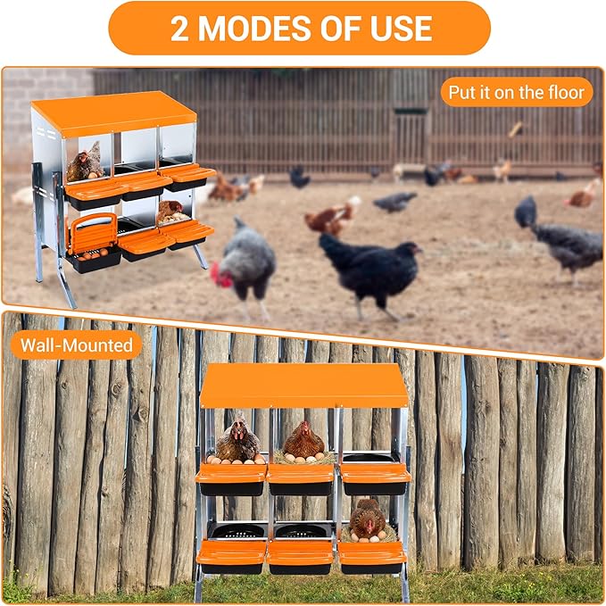 Chicken Nesting Box 6-Hole Roll Away Egg Laying Box with Lid & Stand, Galvanized Steel Rustproof Poultry Coop Box, Easy Clean, Wall Mountable No Bracket Needed for Hens, Orange