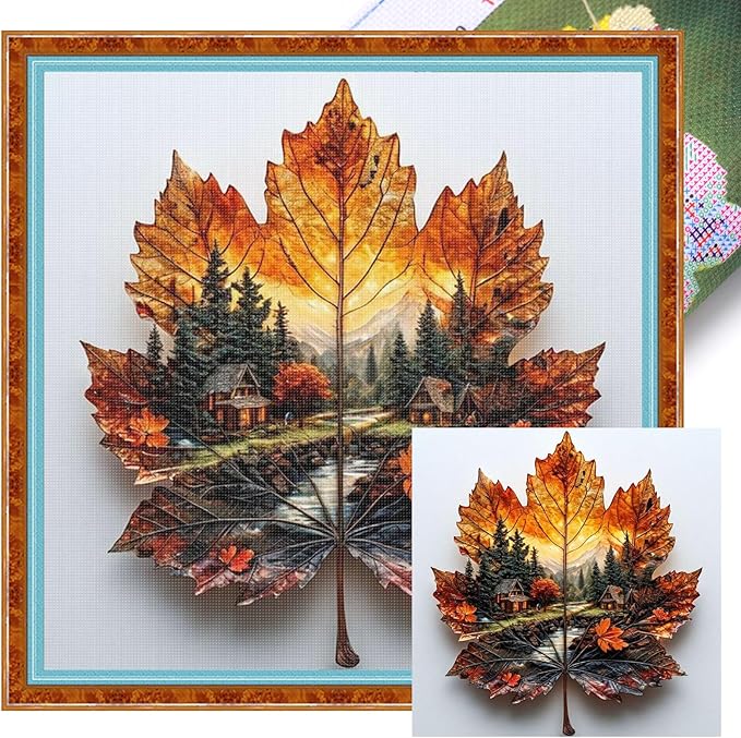 Maple Leaf Forest Cabin Stamped Cross Stitch Kits for Adults Beginners - 45x45cm 11CT Pre-Printed Embroidery Needlepoint Starter Kit, DIY Craft Perfect for Christmas Gift Home