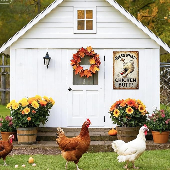 Funny Chicken Metal Decor Sign Vintage Metal Tin Sign Wall Art Decor Guess What Chicken Butt Chicken Coop Signs for Outdoor Decorations Gifts for Women and Hen Lovers 8 X 12 Inch