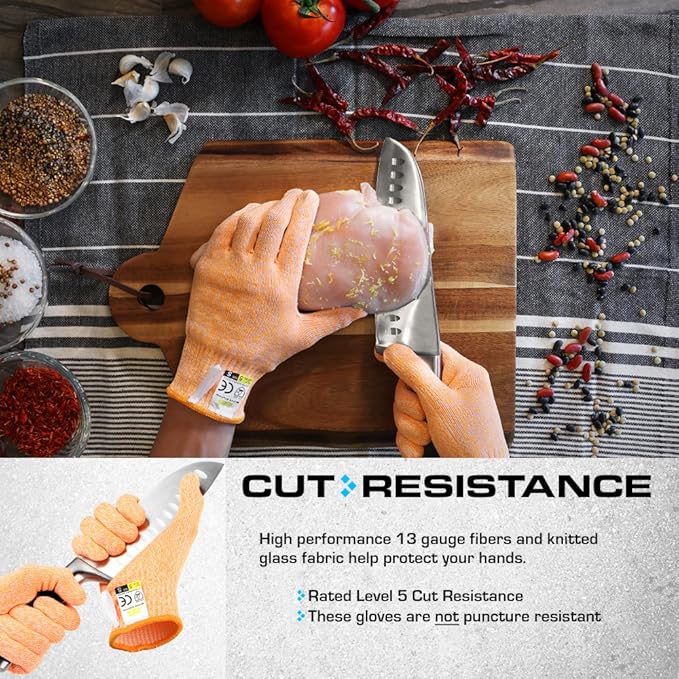 Glove Station Ultra Durable Series Cut Resistant Gloves - Cutting Gloves for Chefs, BBQ and Cooking - Level 5 Protection, Food Grade Safe Cut - Orange, Small Size [2-Pack]