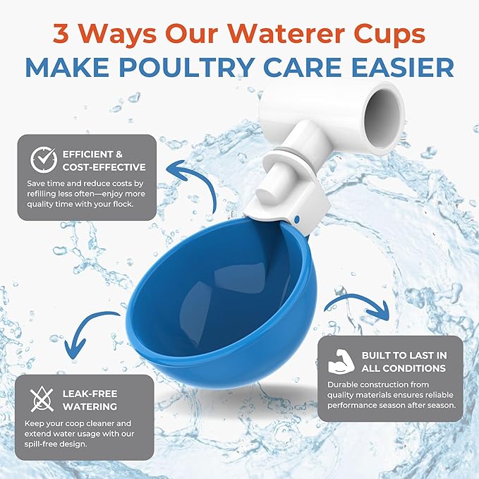 Lil'Clucker Large Automatic Chicken Waterer Cups and 1/2" PVC Tees - Chicken Water Feeder - Suitable for Chicks, Duck, Goose, Turkey and Bunny - Poultry Water Feeder Kit (Blue, 8-Pack)