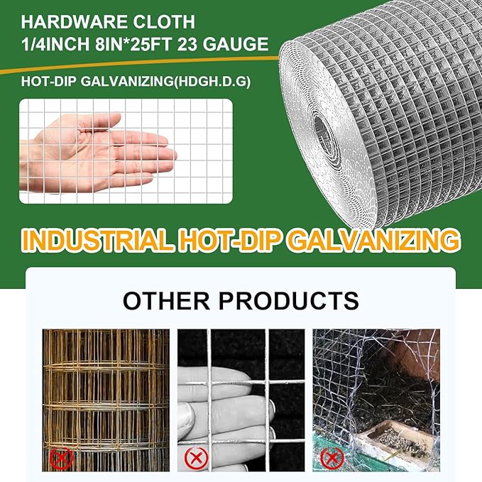 TNELTUEB 8in x 25Ft Hardware Cloth Hot-Dip Galvanized Welded Wire Mesh - Heavy Duty 1/4inch 23 Gauge Chicken Wire Fencing for Garden, Chicken Coop, Rabbit Cage, Rodent & Predator Protection