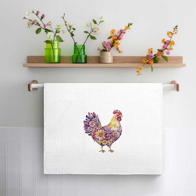 Rustic Purple Floral Rooster Kitchen Towels, Gifts for Chicken Lovers Dish Tea Towels, Farmhouse Flower Chicken Decorative Hand Towel for Bathroom Kitchen, 16x24 Inch