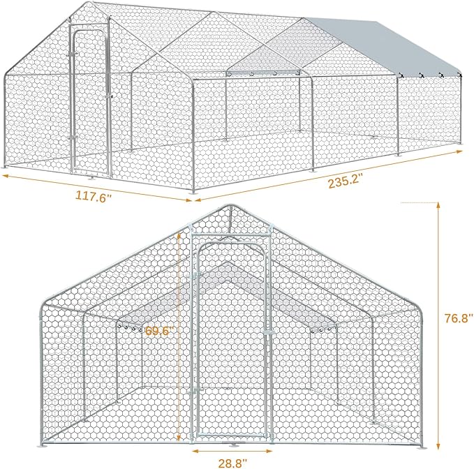 Large Metal Chicken Coop, Walk in Chicken Run for Yard with Waterproof Cover & Secure Lock, Poultry Cage for Aviary and Hen House, Duck Coop and Rabbit Pen 19.6 x 9.8 x 6.5 ft