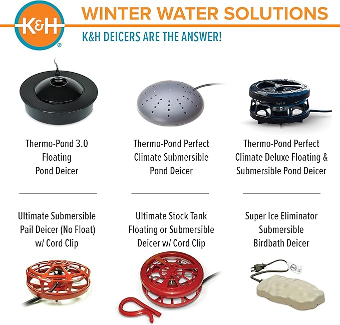 K&H Thermostatically Controlled Stock Tank Deicer – Floating or Submersible Livestock Water Heater with Protective Cage & Cord Clip – Safe for Plastic, Rubber & Metal Tanks - 1000 Watt