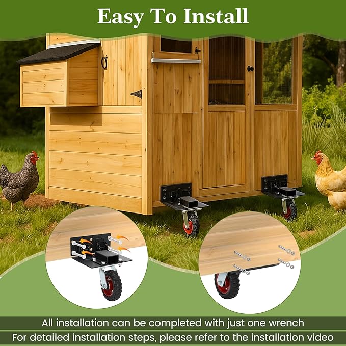 Chicken Coop Wheels Kit with Lift System - Set of 4 Heavy Duty Foldable Caster Wheels, Maximum Load Capacity 700 lb, Ideal for Large or Small Hen House, Durable Chicken Coop Accessory