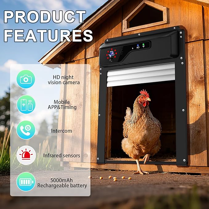 Automatic Chicken Coop Door with HD Camera and APP,Solar Chicken coop Door with Alarm Driver,Night Vision,Remote Controller,Timer,Intercom,Anti-Pinch,5000 mAh Rechargeable Battery