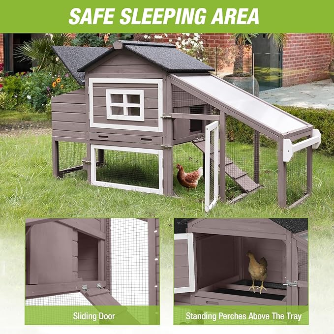 GUTINNEEN Chicken Coop Mobile Hen House Wooden with Run Poultry Cage with Nesting Box,Field Grey