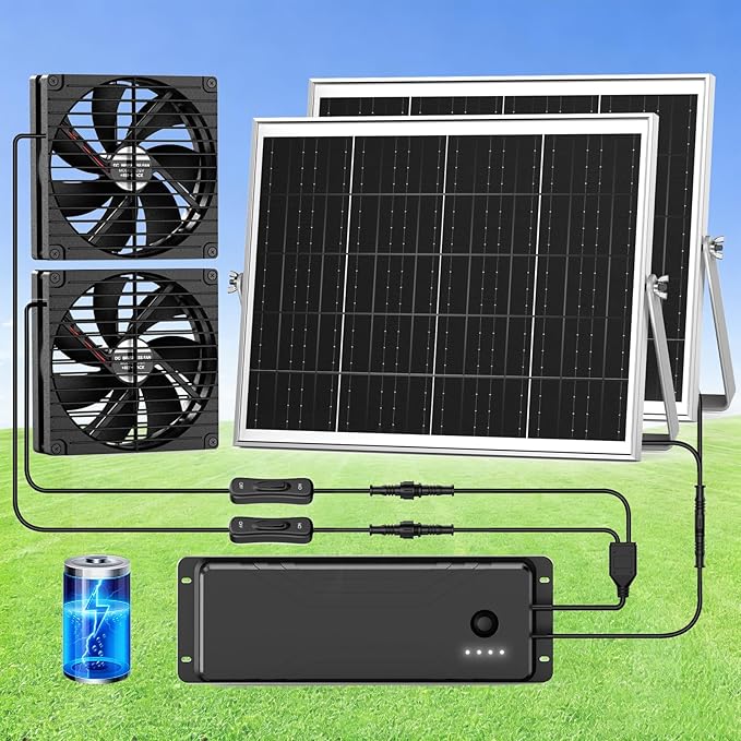7.5" Solar Fan with Battery Backup, Solar Fan for Greenhouse & Chicken Coop, Solar Fans for Outside, Solar Exhuast Fans for Outdoor Doghouse Shed Vent Circulation Ventilation Cooling