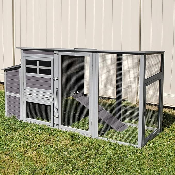 GUTINNEEN Chicken Coop with Wheels Portable Hen House for 4-6 Chickens with Large Run, Nesting Box, Metal Tray, 74.9"
