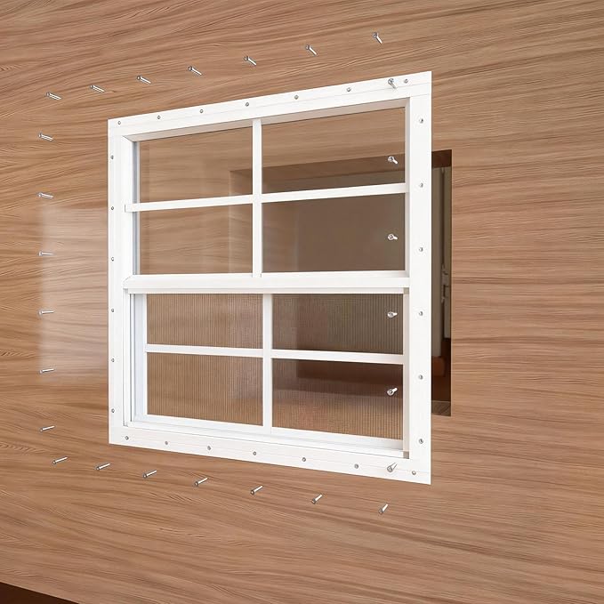 Yuzzy Shed Windows 2 Pack, Chicken Coop Windows 30" x 30" with Tempered Glass and Fiberglass Screen, Flush Mounted Small Window for Shed, Barns, Playhouse, Household, Garage (White)