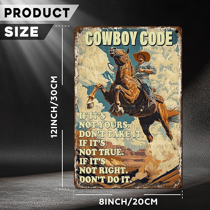 Retro Cowboy Riding Horse Cowboy Code Poster for Home Farm Outdoor Bathroom Restaurant Cafes Bars Club Kitchen Garage Cute Vintage Art Wall Decor 12 * 8inch