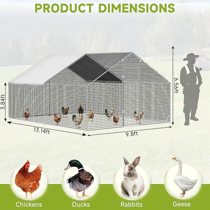 LEVELEVE Large Walk-in Chicken Coop with Chicken Run, Galvanized Poultry Enclosure with Waterproof Anti-UV Cover and Security Lock, Ideal for Rabbit, Duck, Backyard and Farm Yard，13.1'x 9.8'x 6.6'