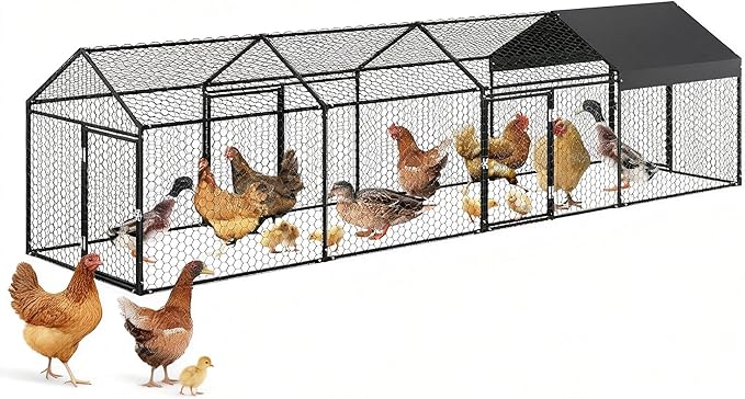 Large Metal Chicken Coop with Run for 20-30 Chickens - Outdoor Walk-in Poultry Cage with Anti-UV Waterproof Cover, Security Lock & Tri-Supporting Wire Mesh - Heavy Duty Hen House (160x40x40 Inch)