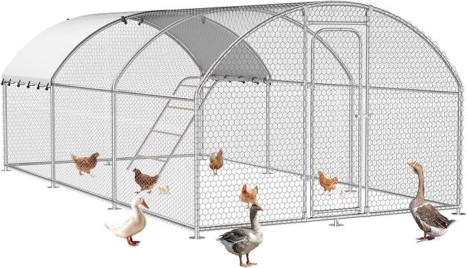Large Metal Chicken Coop with Roosting Perch Walk-in Poultry Cage Chicken Run House Chicken Pen Dome Shaped Coop with Waterproof Cover for Outdoor Backyard Farm Use (10' L x 19.7' W x 6.4' H)