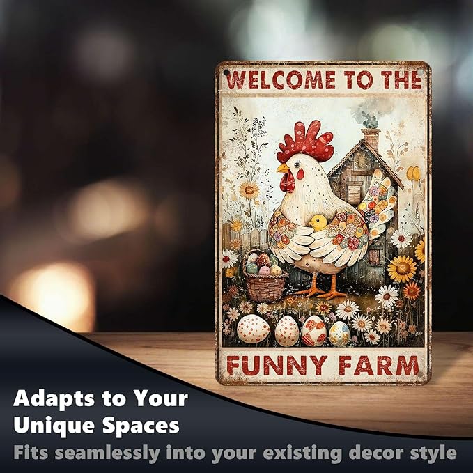 Chicken Metal Sign Chicken Coop Metal Decor Welcome To The Funny Farm Tin Signs Vintage Farmhouse Poster Rustic Wall Decor For Home Farm Poultry House Cafe Kitchen Bar Yard Gate 12 * 8 In
