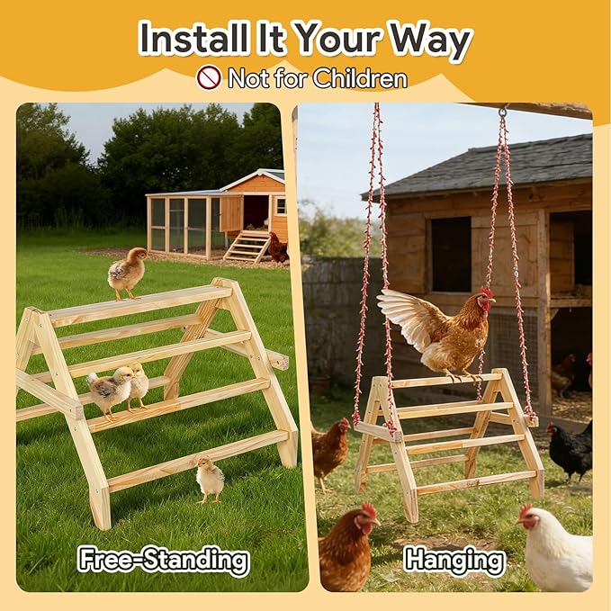 17" Extra Long Chicken Perch, 3-in-1 Chicken Roosting Bars with Swing, Natural Pine Wood Chicken Roost, Chicken Coop Accessory for Hens, Chicks, Parrots & Other Birds