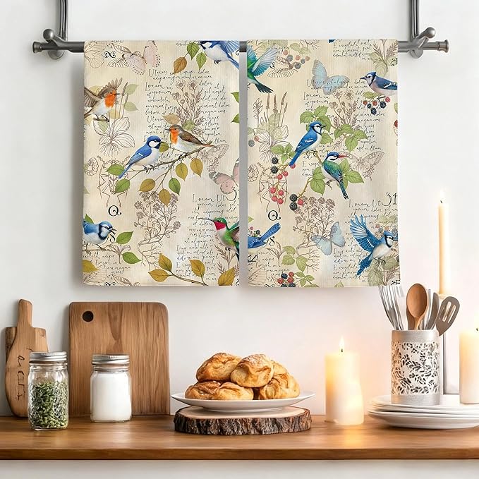Vintage Birds Kitchen Towels, Retro Rustic Dish Towels for Kitchen Set of 4, Cute Birds Tea Towel Decor for Party Anniversary Holiday Decoration Housewarming Gifts