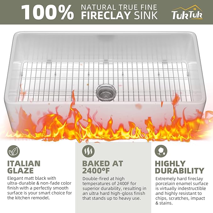 TUKTUK White Farmhouse Sink 33X20 Fireclay Farm Sink for Kitchen Apron Undermount Kitchen Sink Single Bowl Big Capacity Deep Drop-in Modern Kitchen Sink with Luxury Bottom Grid & Strainer Drain
