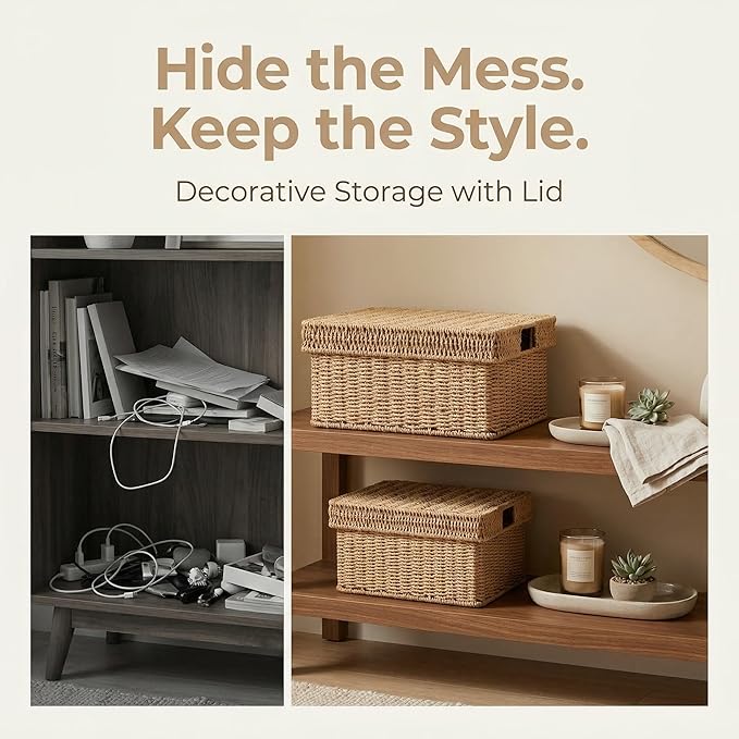 Wicker Storage Basket with Lid - Woven Storage Basket for Organizing,Rectangular Decorative Boxes Bins with Lids for Shelves, living room, Nursery, 2-Piece Set(Natural)