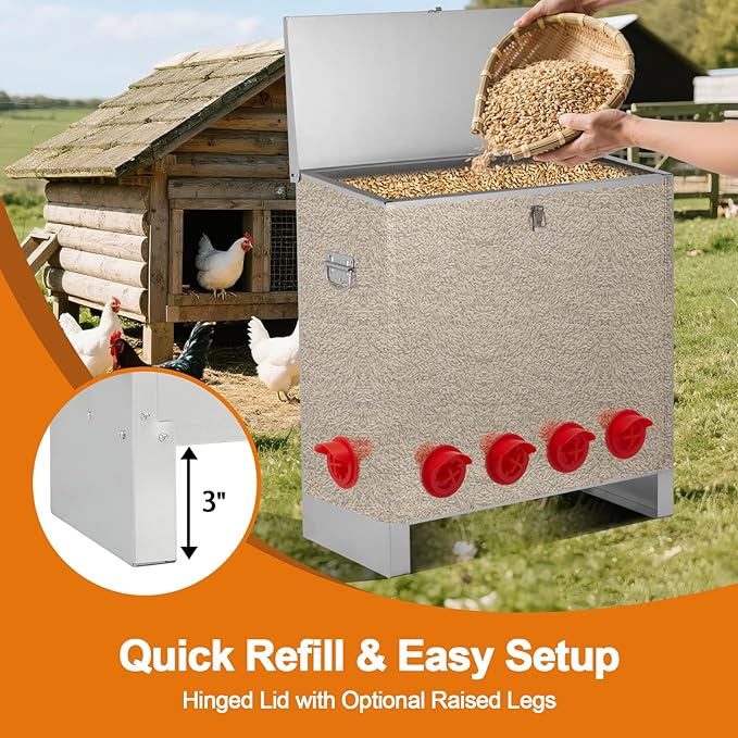 Automatic Chicken Feeder 85-120lbs Capacity, Galvanized Metal Poultry Feeding Equipment, Rainproof & Rodent Proof Large Chicken Food Dispenser for Backyard Coop & Farm Use (10 Ports)