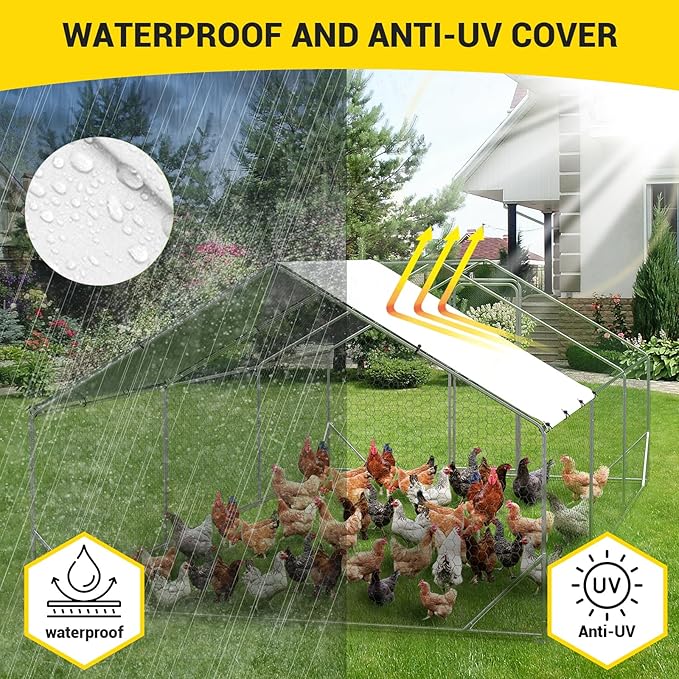 Garvee Large Chicken Coop, Metal Chicken Coop with Anti-Ultraviolet Waterproof Cover, Spire Roof Walk in Poultry Cage for Backyard and Farm Use, 9.8 ft x 19.7 ft x 6.6 ft