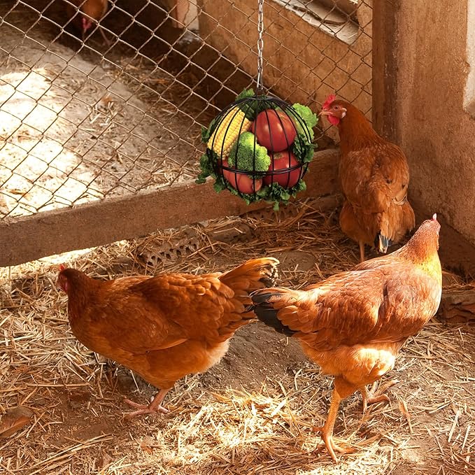 Hanging Chicken Feeder,7.4 Inch Large Chicken Vegetable Hanging Feeder,Metal Chicken Ball Cage with 19.6 Inch One Stainless Steel Chain (1 Pack)