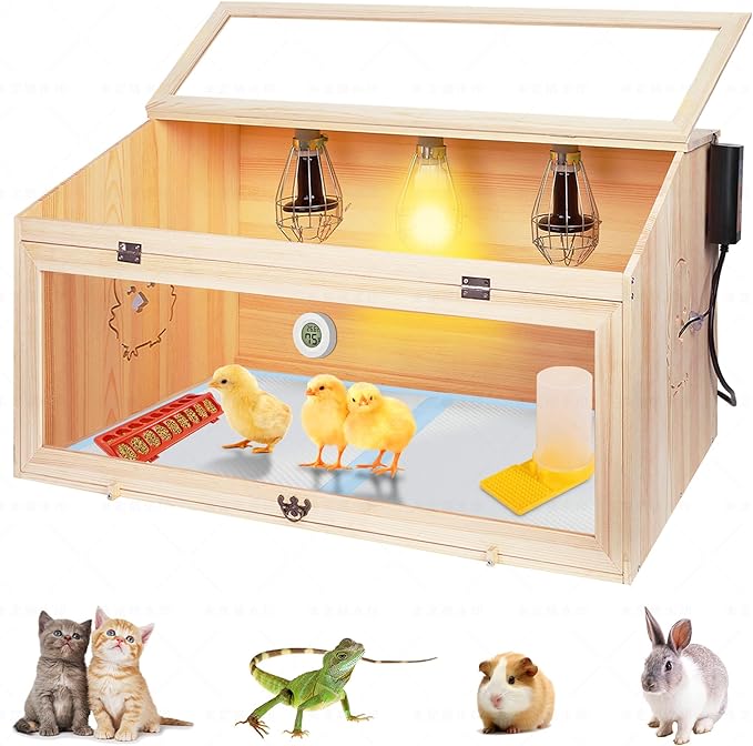 Large Drawers Brooder Box for Chicks, 32”L X 18”W X 16”H Chicken Nesting Box with Heat Lamp, Thermostat, Pet Diaper, Feeder, Waterer for Quails, Bunnies, Hamsters, Lizards