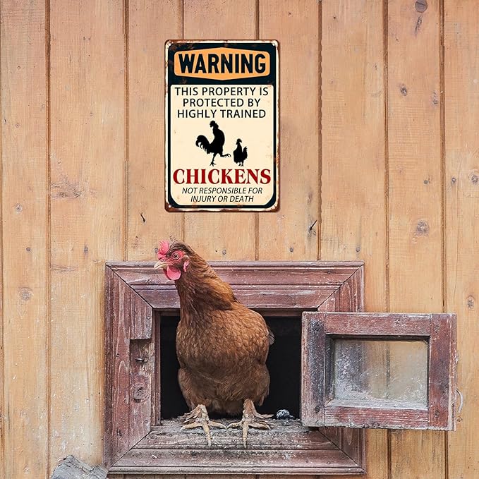 Warning This Property Is Protected By Highly Trained Chickens Metal Tin Sign Funny Farmhouse Security Warning Sign Vintage Metal Wall Decor Novelty Farmhouse Chicken Coop Decor 8x12 Inch