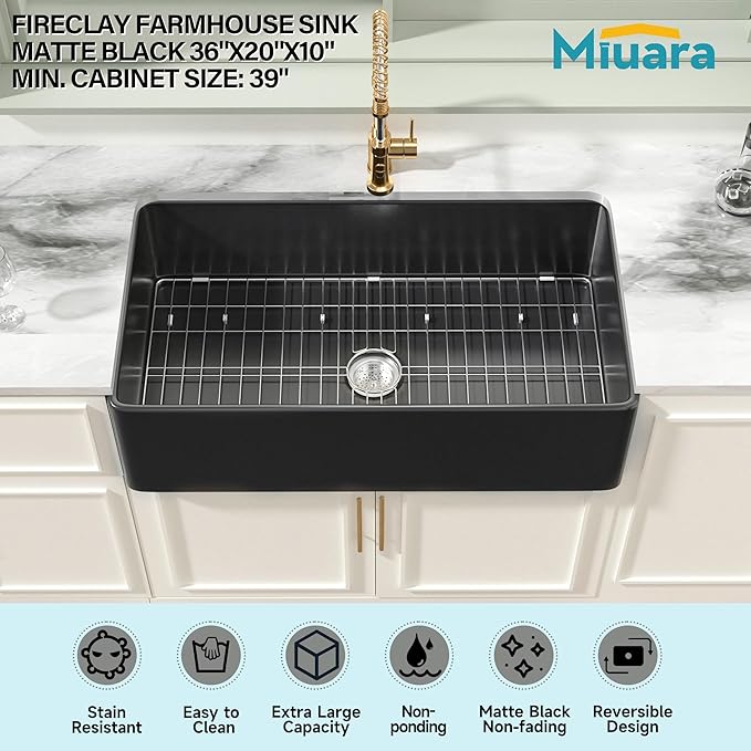 Miuara Black Farmhouse Sink 36 Inch - Extra Large Apron Front Undermount Kitchen Sink Reversible 36"x20"x10", Farm House Style Deep Single Bowl, Heavy Duty Solid Fireclay, Matte Black, for Kitchen
