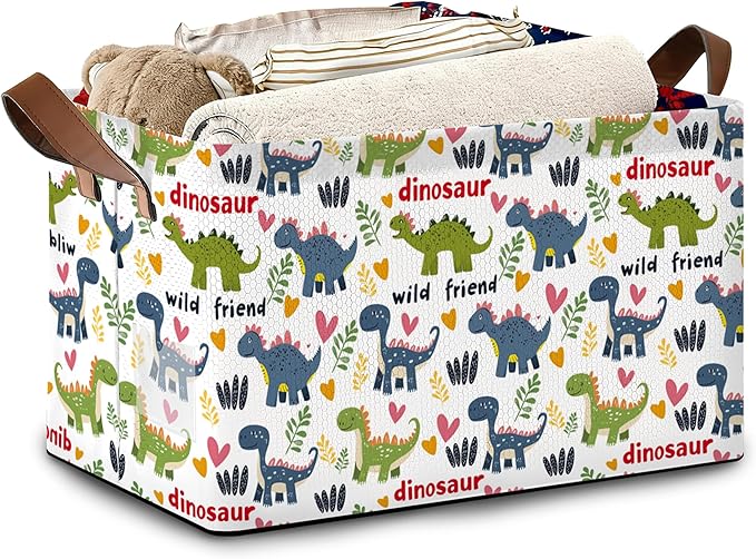 Cute Dinosaur Storage Basket,Fern Plant Collapsible Storage Bin Cubes for Living Room Bedroom Blankets Home Storage 17x11.5x10Inch