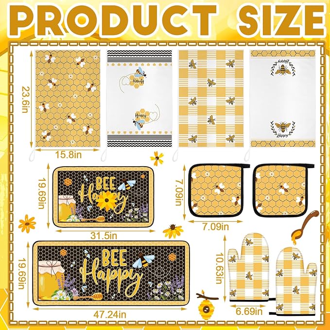 10 Pcs Bee Themed Kitchen Decor Set Dish Towels Kitchen Rugs Oven Mitts and Pot Holders for Cooking Baking Grilling Women Mom Gift