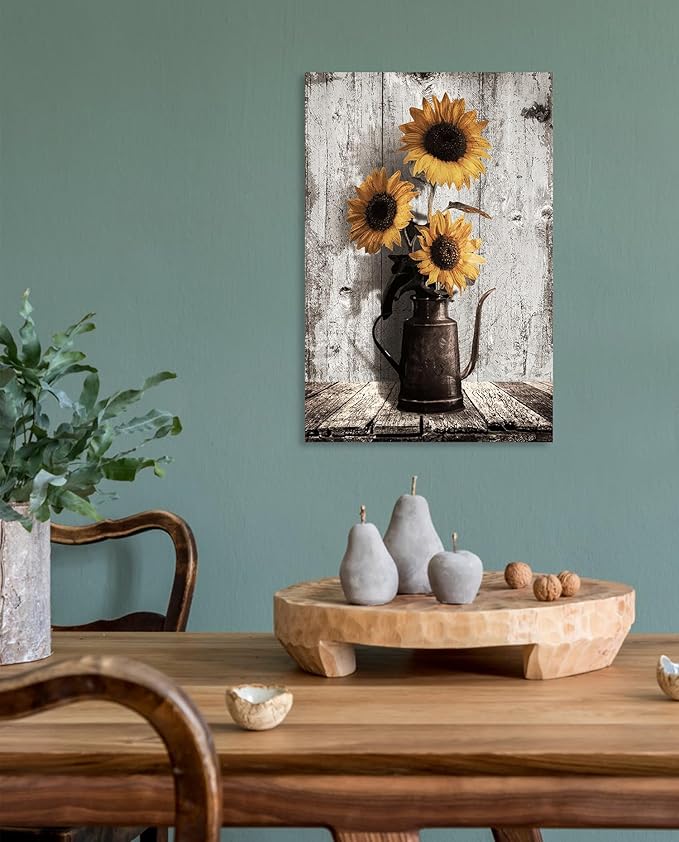 Sunflower Pictures Farmhouse Wall Art: Rustic Sunflower Paintings Canvas Wall Art for Kitchen,Yellow Sunflowers Vintage Poster Hanging Country Wall Decor for Home Living Room Bedroom 10x15 Inches