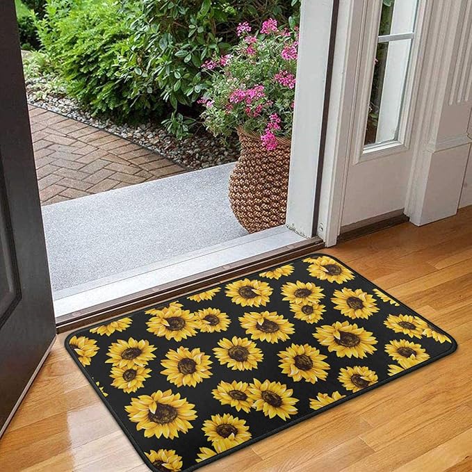 Roszwtit Farmhouse Kitchen Rugs and Mats, Black Sunflowers Door Mat, Seasonal Washable Non-Slip Floor Mats for Home Kitchen Decor 30x17 Inch