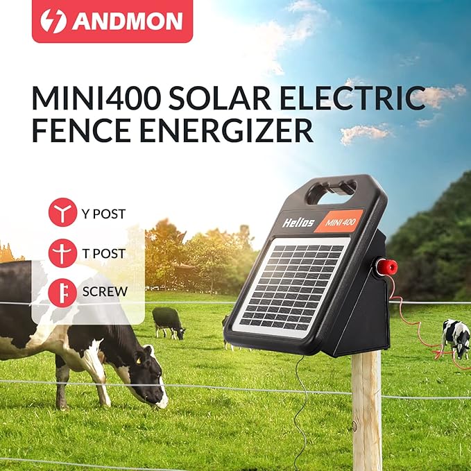 Andmon MINI400 20 Miles Solar Electric Fence Charger with Day/Night Mode 0.4J Output Energy Electric Fence Energizer