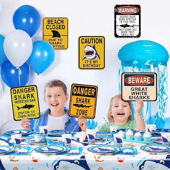 WERNNSAI Shark Party Decorations - 6 PCS Funny Shark Birthday Party Decoration Signs for Boys Kids Under The Sea Theme Birthday Baby Shower Supplies Ocean Shark Sign Decor for Jaws Party Decorations