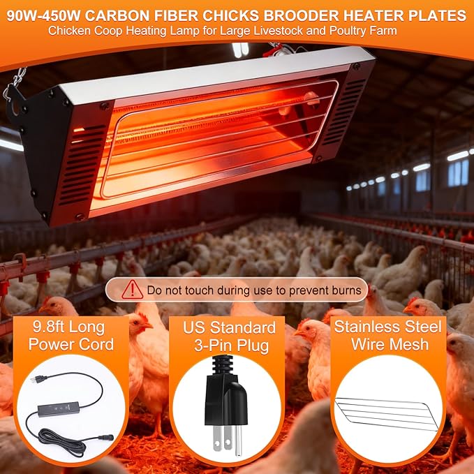 450W Heat Lamp for Chickens, Carbon Fiber Heater for Chick Brooder, Large Hanging Chicken Coop Heater, Adjust 5 Levels & Time & Height, 9.8 Ft Cord Heat Lamp for Poultry & Pets