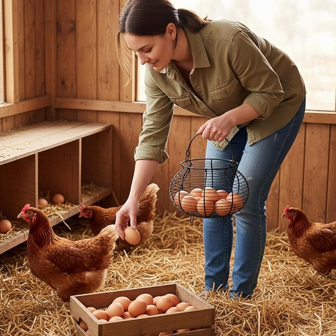 Farmhouse Wire Egg Baskets for Gathering Fresh Egg with Handle & Mat Round Metal Chicken Eggs Collecting Basket Small Metal Wire Basket Eggs Gathering Baskets Countertop Round Chicken Baskets