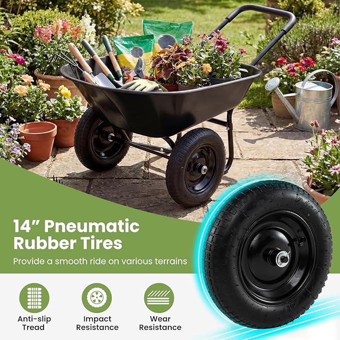 IRONMAX Dual-Wheel Wheelbarrow, Heavy Duty Wheel Barrel with All-Terrain Wheels, 330 LBS Utility Yard Cart with Built-in Stand, Outdoor Gardening Carts for Lawn, Farm, Planting (Black)