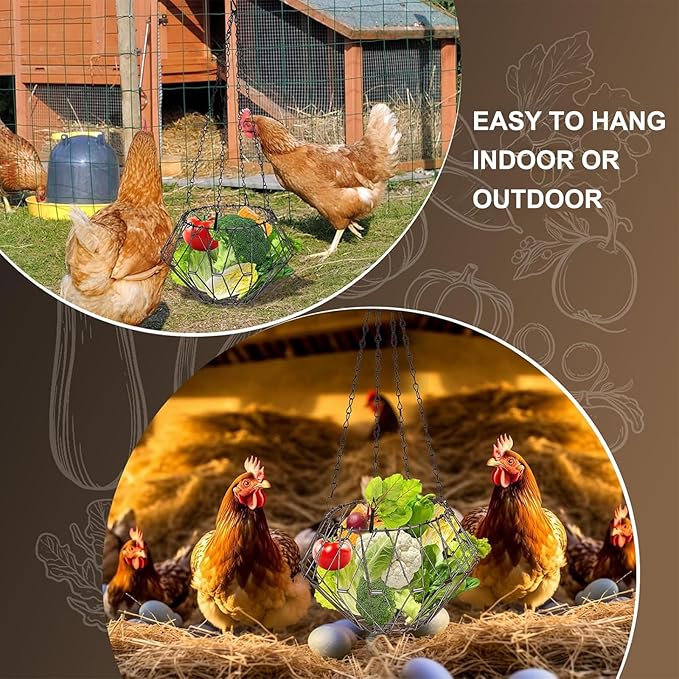 Hanging Chicken Feeder,Foldable Large Poultry Accessories Vegetable Fruits Feeder Basket with 4 Firm Hanging Chain and Hook,Chicken BoredomToys for Coop (1 Pack with 1 Hook)